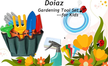 Kidz Gardening Tool Set – Gardening Tools Kit Includes Shovel, Rake, Fork Trowel, Children'z Garden Kit with Sun Hat, Apron, Gloves, Tote Bag, Sprayer and Bucket, Outdoor Play Toyz Gift for Kidz