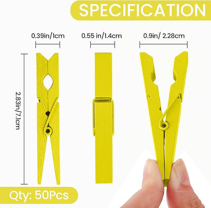 50PCS Colored Wooden Clothespins, 2.9inch Yellow Clothes Pins for Clip Pictures Photos Decorative, Small Colorful Wood Decoration Closepins Clips