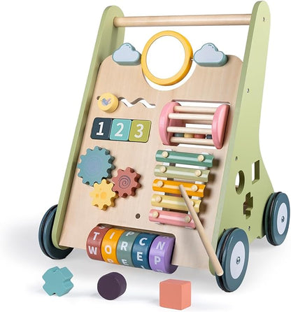 Wooden Baby Walker with Wheels, Baby Walker for Boys 6-12 Months Push Toy, Montessori Walking Toys for 1 Year Old Activity Center