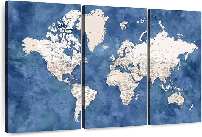 ElephantStock Detailed World Map With Cities I Wall Art - Horizontal Canvas - 3-Piece Living Room Decor - Watercolor Map Canvas Print - Beige and Blue Wall Decor by Blursbyai - 33" X 20"