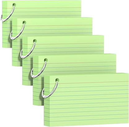 250 Count Green Index Cards 3x5 Inch with Key Ring, Color Flash Index Card (50 Sheets Each), Durable & Portable Note Taking for Students, Teachers, Study Note Cards for Office Home School