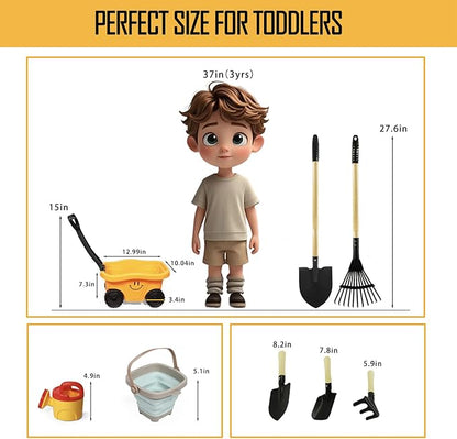 Kids Gardening Tools Set, 8 Pieces, Wagon with Beach and Garden Tools, Shovel, Rake, Outdoor Toys for Kids 3-4 Years Old