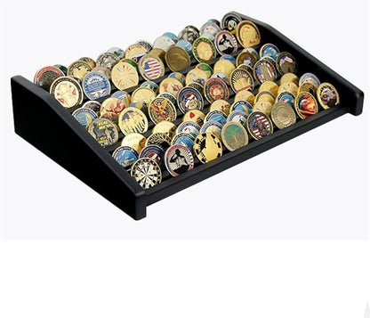12-Row Wooden Challenge Coin Display Holder for Countertop - 3-Tier Military Coin Rack Stand Holds 90-100 Coins - Coin Display Case for Army Police Collectors, Black