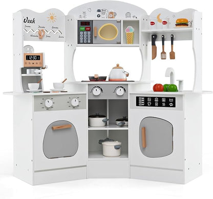 Costzon Corner Play Kitchen, Wooden Kids Kitchen Playset with Lights & Sound, Coffee Maker, Washing Machine, Oven, Microwave, Toddler Toy Kitchen for Pretend Play, Gift for Boys Girls 3+ (White)
