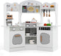 Costzon Corner Play Kitchen, Wooden Kids Kitchen Playset with Lights & Sound, Coffee Maker, Washing Machine, Oven, Microwave, Toddler Toy Kitchen for Pretend Play, Gift for Boys Girls 3+ (White)