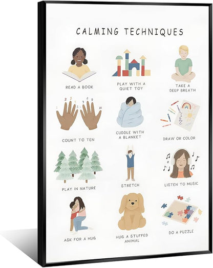Feelings Calming Techniques Canvas Wall Art Calming Corner Classroom Mental health Posters Boho Emotions Chart for Kids Prints Special Education Wall Decor for Office School 24x36in BlackFramed
