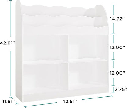 MHOM White Kids Bookshelf, Toy Storage Organizer with Book Rack and 4 Storage Cubbies, Wooden Kids Bookcase, Toy Organizers and Storage for Nursery, Playroom