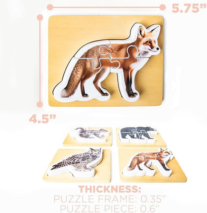 Wooden Montessori Animal Puzzles for Toddlers 2+ Years | Realistic Chunky Woodland Animal Shape Puzzle | Educational Learning Toy - Four-Piece Woodland Creature Puzzles
