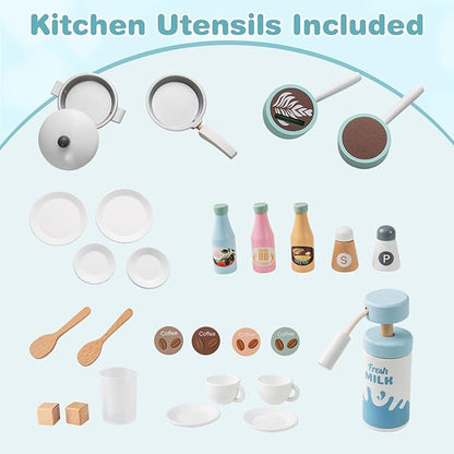 INFANS Kids Kitchen Playset, Toddler Wooden Kitchen Pretend Cooking Toy Set with Coffee Maker Ice Machine Dishwasher Microwave Storage Cabinet, Simulation Play Kitchen for Boys Girls 3+ (Blue)