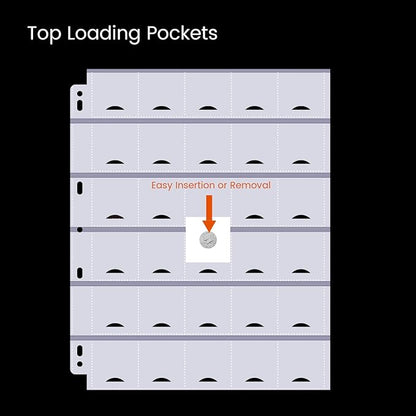 50-Sheets 30-Pocket Thumb-Cut Coin Pages - Coin Pocket Pages for 1.5 x 1.5 Inch Cardboard Coin Holder, Collecting Sleeves for Coin Flips, 1500 Pockets for Coin Binder, Coin Collection Storage Supplies