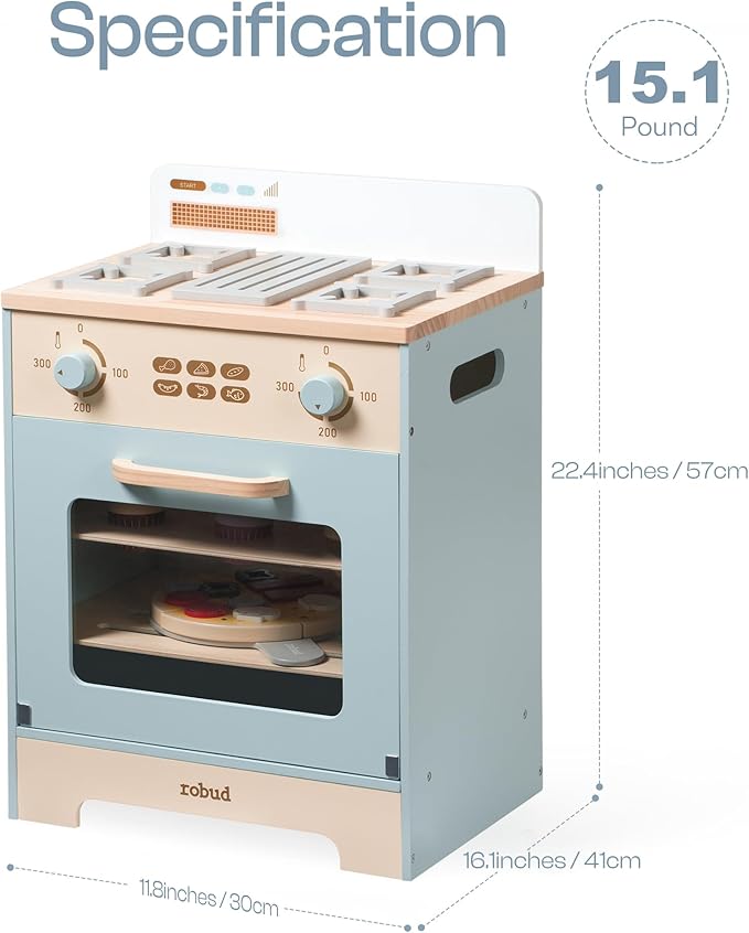 ROBOTIME Wooden Toy Kitchen Oven Playset, Montessori Pretend Play Kitchen Accessories with Pizza and Cupcakes Food Toys, Wooden Pizza Oven Set Toys for Toddlers & Kids, WCF28