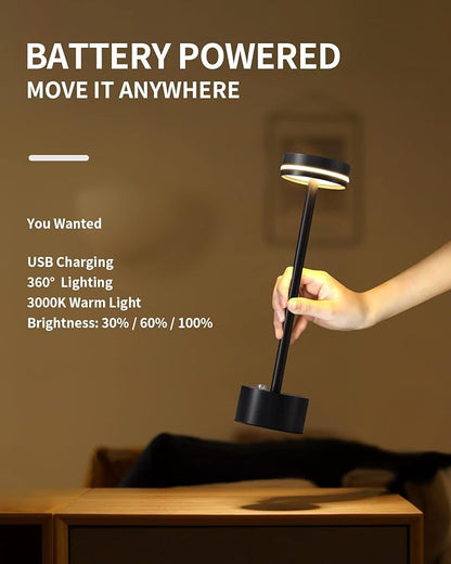 PUSU Cordless Table Lamp Set of 2, Battery Powered LED Desk Lamp Portable Table Lights 3-Level Brightness Touch Control, Lighting for Home Office Bedroom Hotel Restaurant Outdoor Night Light(Black)