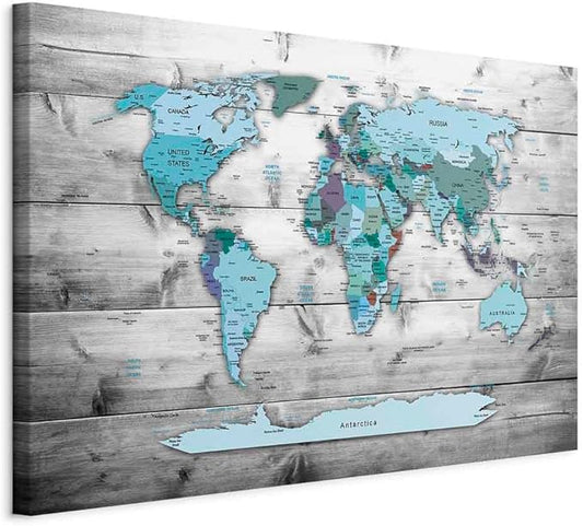 artgeist Acoustic Canvas Wall Art Print World Map 35x24 in - 1pcs Picture with Acoustic Foam Sound Print Artwork Room Acoustics Soundproofing World Travel Map Wood k-B-0009-b-d