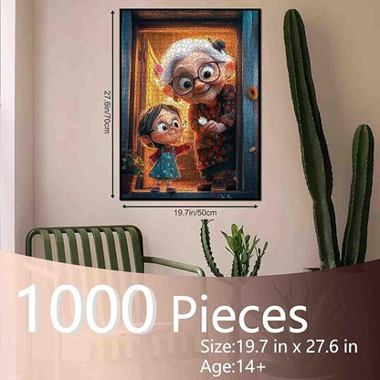 1000 Piece Jigsaw Puzzle for Adults Students White Haired Grandma and Girl Holding Daisy Puzzles Colorful Clothes Cozy Apartment 20×27 Inches Unique Art Gift Home Decor Fun Family Activity