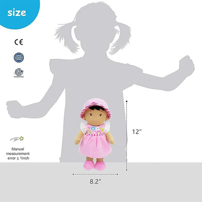 June Garden 12" Soft Dolly Malorie - Stuffed Soft Baby Doll Gift for 1 2 3 Year Old Girls - Pink Dress