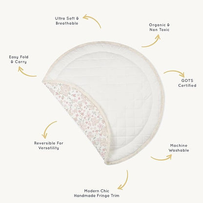 MakeMake Organics Organic Play Mat GOTS Certified Organic Cotton Nursery Floor Rug Washable Reversible Non Toxic Activity Mat Tummy Time Crawling Pad Thick Quilted (Round 48", Blossom)