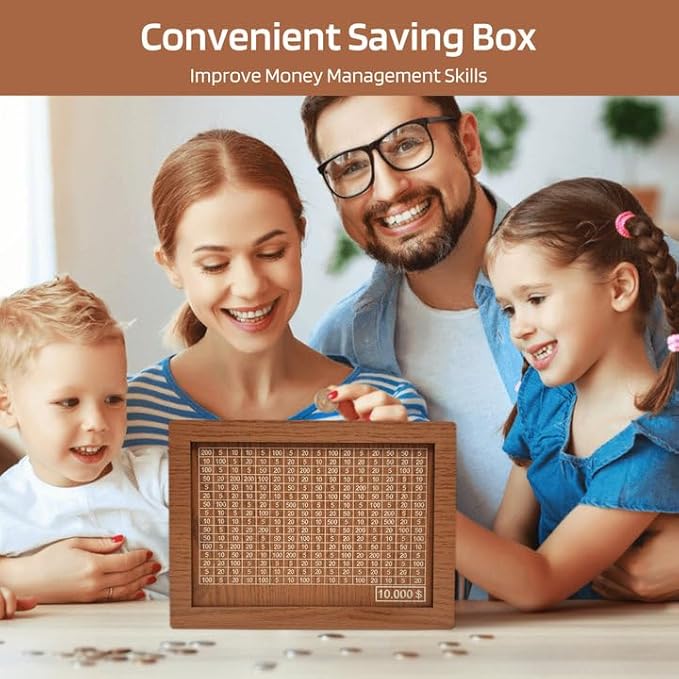 10000 Savings Challenge Box, Money Saving Box with Money Target and Numbers, Cash Vault Wooden Savings Box, Wooden Money Box, Coin Counter Piggy Bank for Adults, Wooden Coin Bank for Kids 3,000