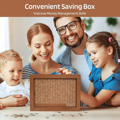 10000 Savings Challenge Box, Money Saving Box with Money Target and Numbers, Cash Vault Wooden Savings Box, Wooden Money Box, Coin Counter Piggy Bank for Adults, Wooden Coin Bank for Kids 10,000