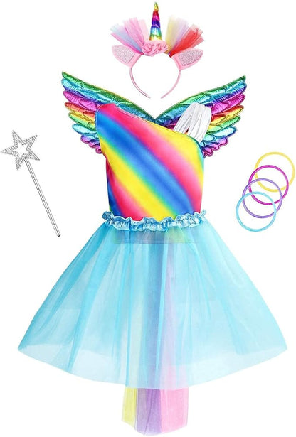 Jeowoqao Girls Unicorn Princess Dress up Trunk Set 19 Pcs, Girls Rainbow Unicorns Costume, Toddler Girls Dress up Clothes Pretend Play Costumes for Little Girl Ages 3 4 5 6
