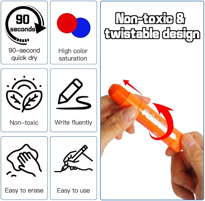 6 Neon Colors Tempera Paint Sticks, Mess Free, Quick Drying, Washable Paint for Kids, Non Toxic for Toddlers