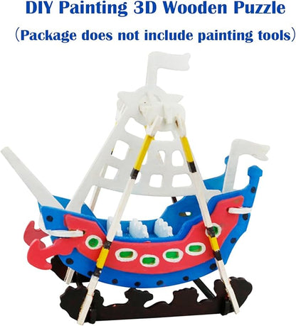 Georgie Porgy 3D Wooden Puzzles for Kids Toys Construction Woodcraft Kits DIY Model Puzzle Kits Birthday Gifts Pack of 6 (Airplane Bus Sports Car Pirate Ship Truck Motorcycle)