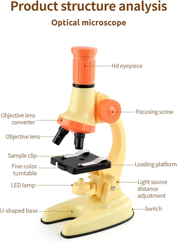 XD508 Microscope for Kids - 100X 600X 1200X Beginner Microscopes kit with LED Light, Science Educational Gift and Toy for Boy&Girl Birthday Halloween Christmas（Yellow）