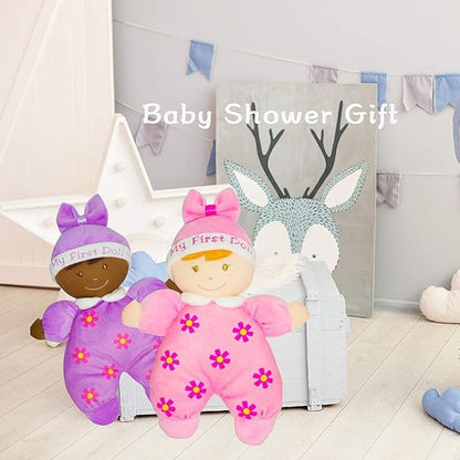 June Garden 9" My First Doll Hazel - Soft Plush Baby Doll with Rattle - Purple Outfit