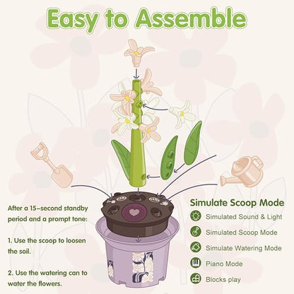 Musical Sunflower Piano Game Machine, Interactive Building Blocks Toy with Watering Can (Hyacinth)