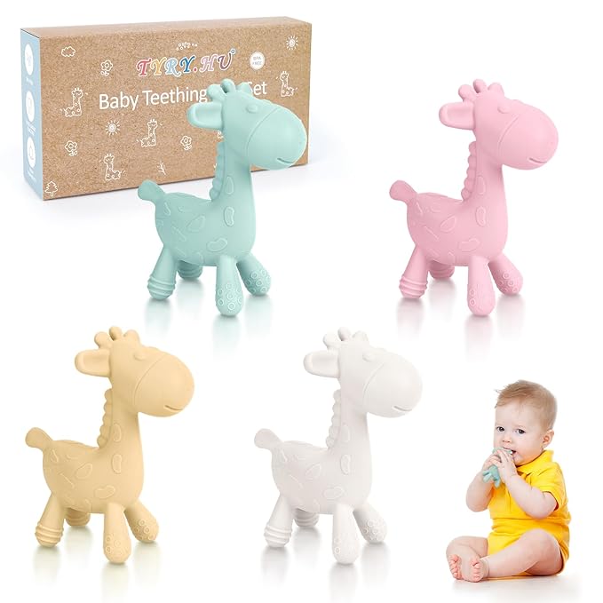 TYRY.HU Baby Teething Toys for Babies 0-6 6-12 Months,BPA Free Silicone Giraffe Teethers for Babies 3-6 months, Soft Chew Toys for Sore Gum, Montessori Sensory Toys Gifts for Infant Boys Girls, 4 Pack