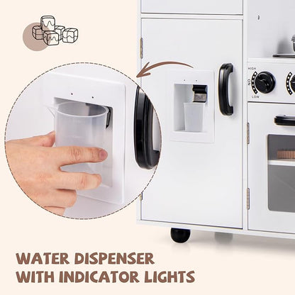 INFANS Play Kitchen for Kids, Wooden Kids Play Kitchen Playset with Realistic Light & Sounds, Pots Pan Microwave Sink, Children Pretend Cooking Toy Set Gift for Toddler Boys Girls Ages 3+