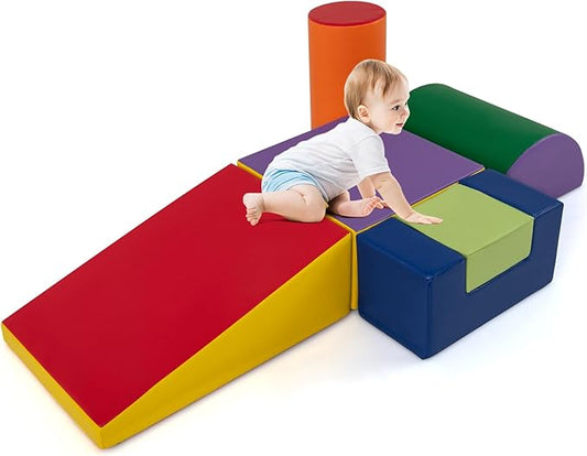 HONEY JOY 6-Piece Climb and Crawl Playset, Soft Climbing Foam Block Activity Play Structure Gym Equipment for Infant Baby, Color Coordination, Waterproof Indoor Climbing Toys for Toddlers (Purple)