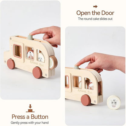 Wooden Animal Bus Toy with 3 Removable Animal - Shaped Discs, Designed with Pop Up, Roll and Ride Toy for Toddler Aged 3 Years and Up, Interactive Montessori Educational Toy for Toddlers' Daily Play