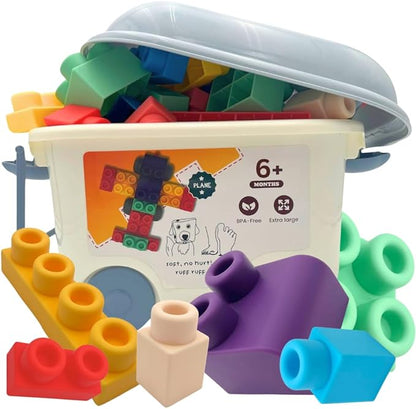 Large Soft Rubber Toddler Blocks, 50 Pieces in Storage Bin on Wheels - Includes Booklet, Toy, Gift, Birthday, 6m, 1-2, 2-4, 2-3, 3-5 Ages