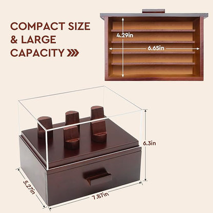 Challenge Coin Display Case, Military Coin Collection Holder with Wooden Coin Box, Drawers, and Clear Acrylic Lid – Gifts for Coins Collectors (5 Pillars)