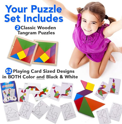 3 Bees & Me 2 Wooden Tangram Shapes Puzzle Toys with 52 Pattern Cards for Kids and Adults - Montessori Wood Toy, STEM Shape Puzzles Manipulatives Games, Educational Tangrams for Kids