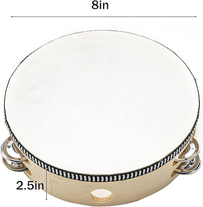 Musfunny Tambourine Hand Held Drum with Double Row Jingles, 8 inch Tambourines Metal Bell Hand Percussion for Adults Church Party (8 inch Natural)
