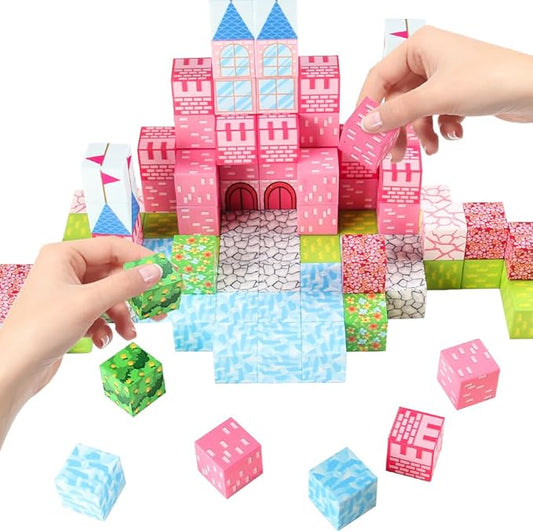 Magnetic Blocks, Magnet Cubes Tiles for Kids Ages 3-5 6-8, Stacking Magnets Sensory STEM Toys, Build Fantastic House Birthday Ideal Gift for Girls 128PCS