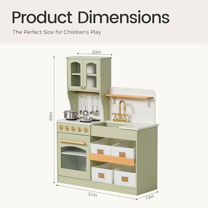 Tiny Land Play Kitchen for Kids, Wooden Toy Kitchen Set with Storage & Accessories, Toddler Kitchen Playset with Stove & Sink, Kids Kitchen Playset Gift for Ages 3-8