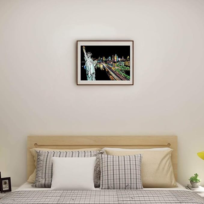 Rainbow Scratch Art Painting Paper (A4) for Adults & Teens, Night View Scratchboard Set:4 Sheet Scratch Cards, Clean Brush, Drawing Pen(Times Square/Golden Gate Bridge/Seattle/Statue of Liberty)