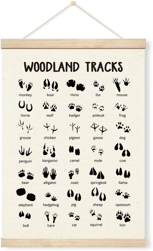 Geondos Woodland Tracks Wall Poster, Canvas Hanging Banner, Animal Tracks Field Guide Sign, Forest Nursery Decor, Wall Door Decoration for Kids Room,Classroom, Playroom Cabin