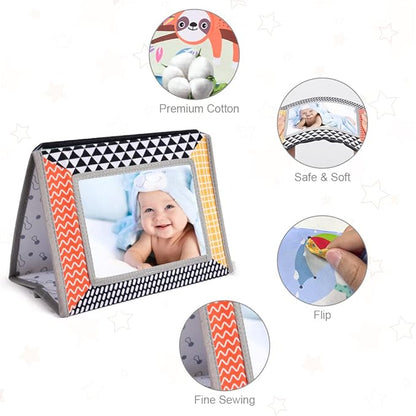 Tummy Time Mirror Baby Toys, High Contrast Crinkle Cloth Book with Teether for 0 3 6 Months Babies Boys Girls, Montessori Newborn Sensory Toys Activity Book for Shower Gifts