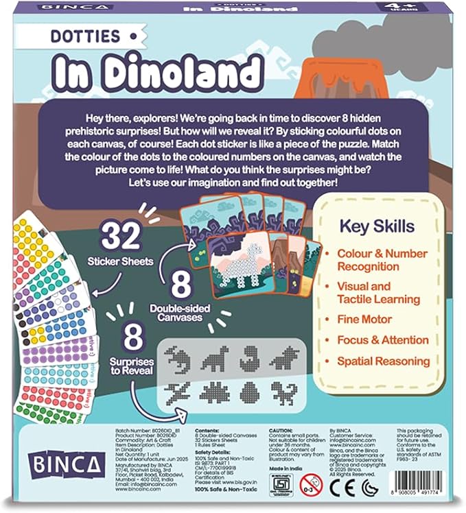 BINCA Dotties Dot Art Activity Kit, 1500+ Stickers, 8 Dinosaurs Mess-Free Activities, DIY Dot Sticker Art for Toddlers, Kids Travel Activities, Craft Kits & Gifts for Girls Ages 4,5,6,7