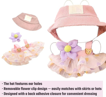 Clothes for 17cm Doll (Clothes Only) – 3-Piece Outfit Set with Hat, Pink Dress and Flower Accessory for an Adorable Dressed-Up Look – 17cm Doll Accessories