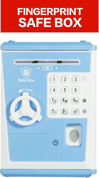 Toy Safe Box, Electronic ATM Piggy Bank, Money Coin Savings Bank, Finger Print Scanner Lock, Great Gift for Children Kids (Blue/White)