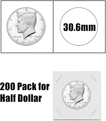 MUDOR Upgraded Premium Coin Flips for Half Dollars, 200 Pack Cardboard Coin Holder, Mylar Coin Flips 2x2, Paper Coin Holders