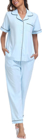 CF Womens 100% Cotton Pajamas Set Button Down Pjs Sets Short Sleeve Top & Long Pants Sleepwear Comfy Loungewear with Pockets