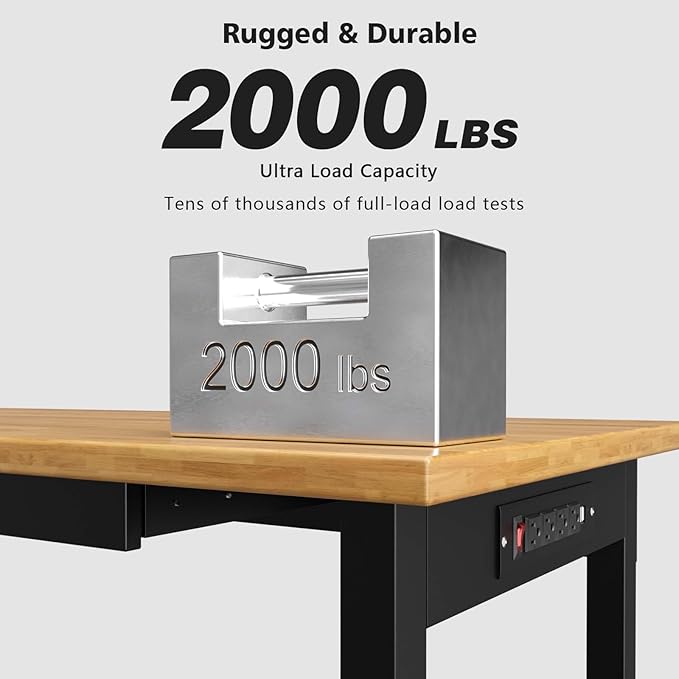 60" Adjustable Workbench with Drawer, Movable Heavy-Duty Workstation with Locking Wheel, 2000 LBS Worktable with Power Outlets, Wooden Work Bench for Garage, Workshop, Office