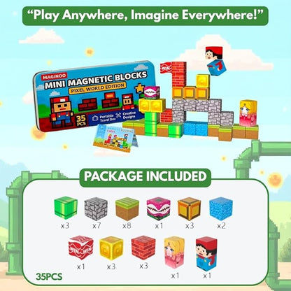 35PCS Pixel World Edition Mini Magnetic Blocks – Creative 3D Building Cubes, STEM Educational Travel Magnet Toy with Iron Box, Safe Learning Gift for Kids Ages 3–8, Boys & Girls