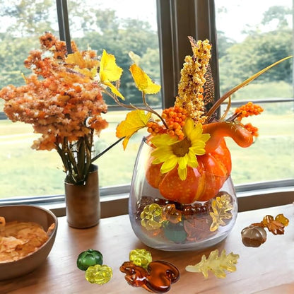 HappyFiller Fall Vase Filler Decorative Acrylic Pumpkin Squirrel Acorn Leaves Gems 7 Styles 90 PCS for Party Table Scatters,Harvest Thanksgiving Decoration,Home Decor Accents,Sensory Bin Fillers