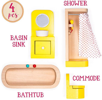 Wooden Dollhouse Furniture|Made of Safe Wood and Bright Water-Based Paint|Compatible with Most Doll Houses|Bathroom